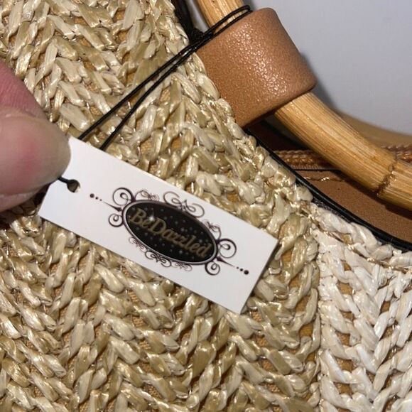 Be Dazzled Womens 2-Way Two-Tone Round Bamboo Handle Straw Satchel Bag NWT - Picture 5 of 9